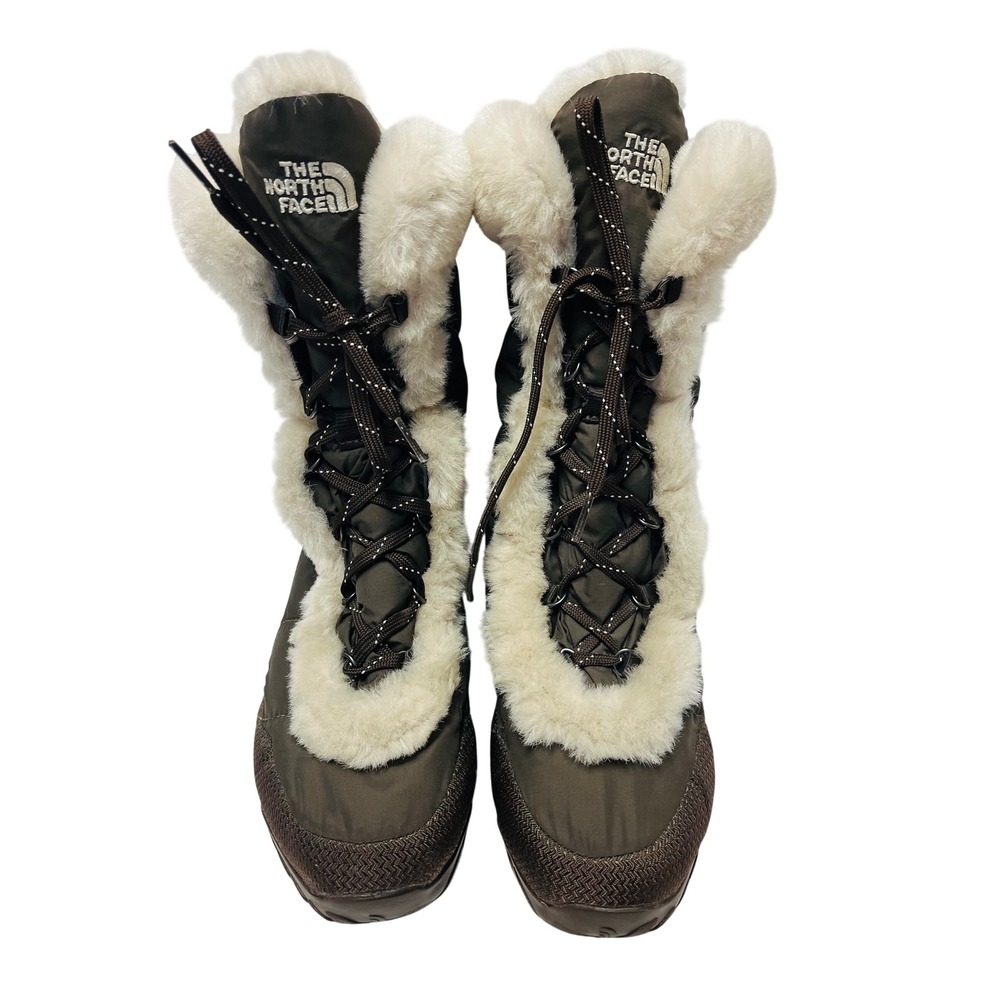 The North Face Winter Boots 8.5 Goose Down Faux Fur Trim Olive Brown Rugged Snow
